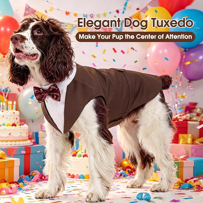 Kuoser Dog Tuxedo, Dog Suit and Bandana Set, Dogs Costume with D-Ring | Formal Dog Outfit with Detachable Bowtie Collar for Wedding, Birthday, Party, Christmas, Halloween, Brown S