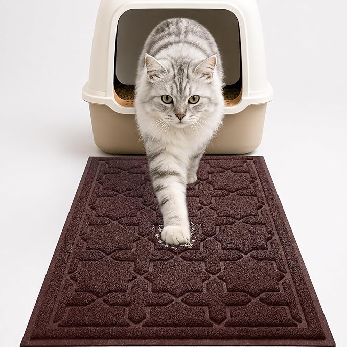 Yimobra Cat Litter Mat, Easy Clean Trapping PVC Mat, 35.4" x 23.6", Waterproof Backing, Non Slip Bottom, Scatter Control Pad for Litter Box, Dark Coffee