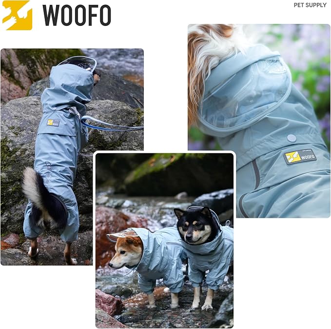 WOOFO Full-Coverage Dog Raincoat, Lightweight, Comfortable, Adjustable & Easy to Wear Dog Rain Jacket, Detachable Cap, Reflective Strip (Grey, XL)
