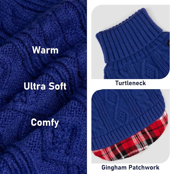 KYEESE Dog Sweater Turtleneck Thick Knit Pullover for Cold Weather | Stretchy Fit, Lightweight & Warm, Cozy Knit Comfort, Classic Plaid Design, Gentle on Sensitive Skin, Comfortable Daily Wear