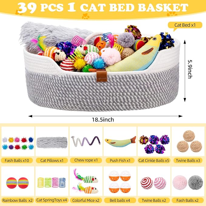 Leitee Sunmmer Cat Bed Storage Basket with 40 Pcs Cat Variety Toys Pack Set Includes Pillows, Spring Toy, Fish, Chew Rope and Balls for Kitten Kitty Swat Hunt Interactive Pet(White,Grey)