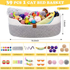 Leitee Sunmmer Cat Bed Storage Basket with 40 Pcs Cat Variety Toys Pack Set Includes Pillows, Spring Toy, Fish, Chew Rope and Balls for Kitten Kitty Swat Hunt Interactive Pet(White,Grey)