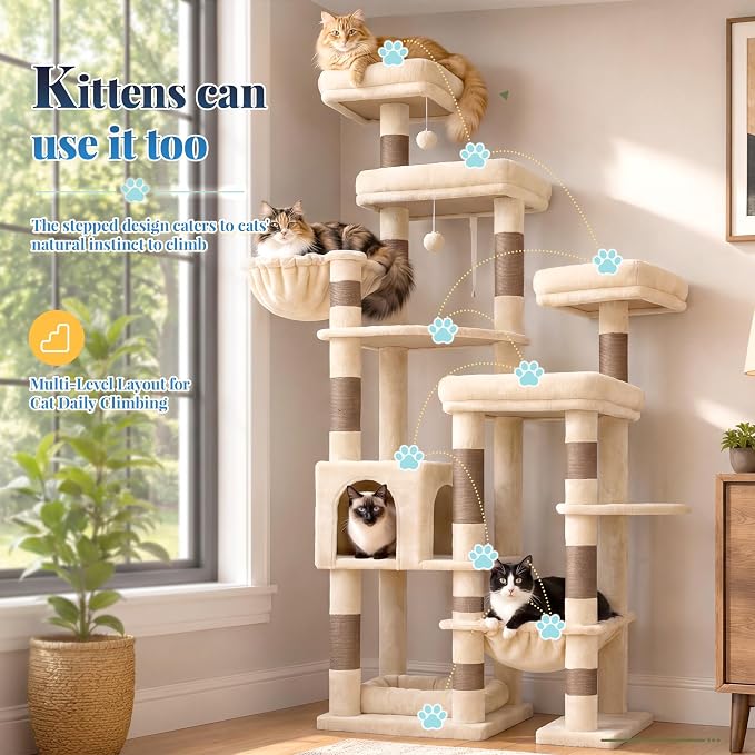 Hey-brother Cat Tree Tower, Wide Base, 5 Platforms for Multi-Cats, MPJ074MJ | 72.8 Inches Tall Furniture, 5 Plush Beds, Large Condo, Big Hammocks, Sisal Scratching Posts, for Indoor Adult Cat Beige Brown