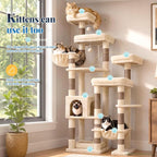 Hey-brother Cat Tree Tower, Wide Base, 5 Platforms for Multi-Cats, MPJ074MJ | 72.8 Inches Tall Furniture, 5 Plush Beds, Large Condo, Big Hammocks, Sisal Scratching Posts, for Indoor Adult Cat Beige Brown
