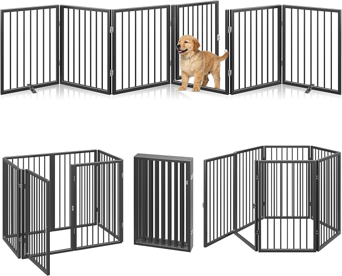 Vantas 120" x 24" Foldable Freestanding Extra Wide Dog Gate with Door,Black | Pet Gate for Stairs and Doorways, Renter Friendly No Drill, Indoor Pet Fence Extra Wide, Easy Storage, With Support Feet