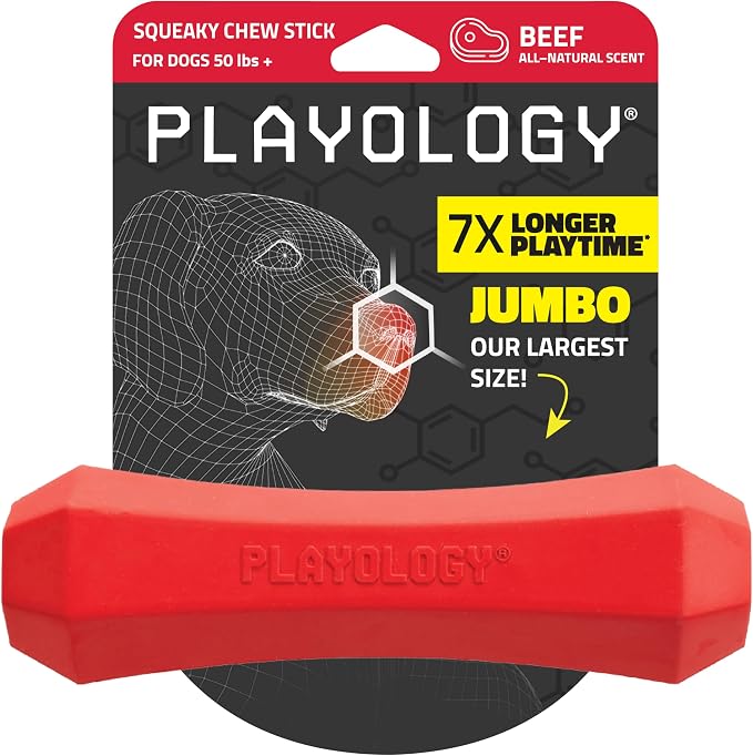 Playology Dog Toys | Squeaky Chew Stick for Large Dogs | Beef Scented Jumbo Fetch Toy | Squeaky Dog Chew Toy