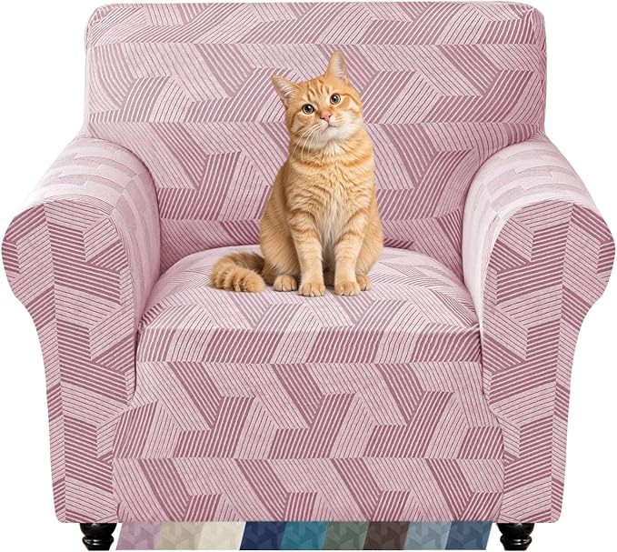 ZNSAYOTX Stretch Armchair Covers for, 1-Piece Chair Slipcovers for Living Room, Furniture Protector with Elastic Bottom for Dogs Cats Kids Geometrical Jacquard Fabric (Small, Dusty Pink)