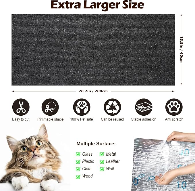 Cat Scratch Furniture Protector, 78.7"x15.8" Cat Scratch Pad for Couch | Trimmable Self-Adhesive DIY Sofa Wall Cats Tower Mat, Replacement Pads from Pet Claws, Dark Gray