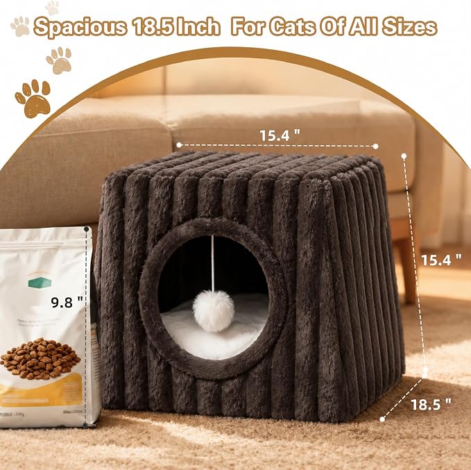 Dogpals Indoor Cat House - Large Cat Cave Bed with Fluffy Balls, Foldable Cat Bed Cave and Apartment with Pads, Suitable for Multiple Small and Large Cats, 18.5x15.4x15.4inches (Coffee, XL)