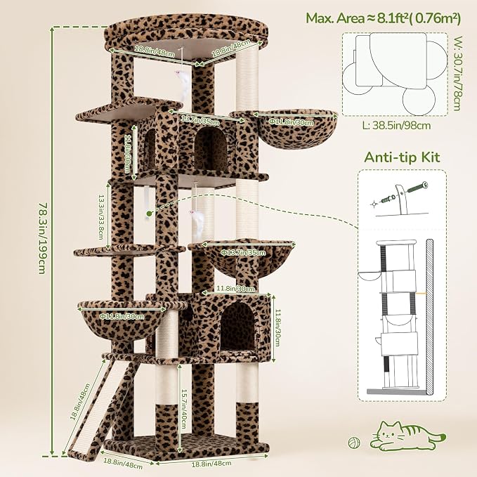 Globlazer Extra Large Cat Tree, 78 inch Sturdy Tall Cat Tree Tower for Indoor Multiple Large Adult Cats Kittens with 6 Scratching Posts, Enlarged Top Perch, 2 Padded Condos, S78G, Leopard Print