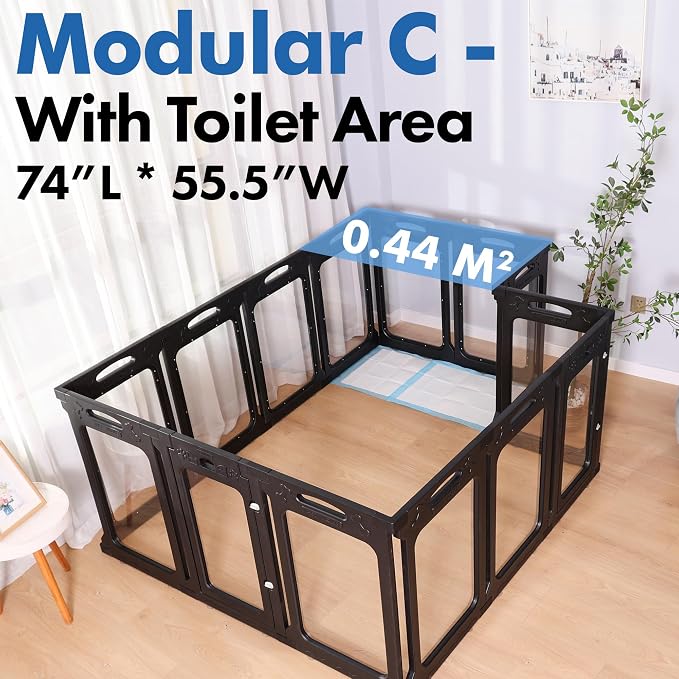 2 Room Acrylic Dog Playpen Indoor, Height 24", 14 Panels, Ideal for Small & Toy Dogs, Black
