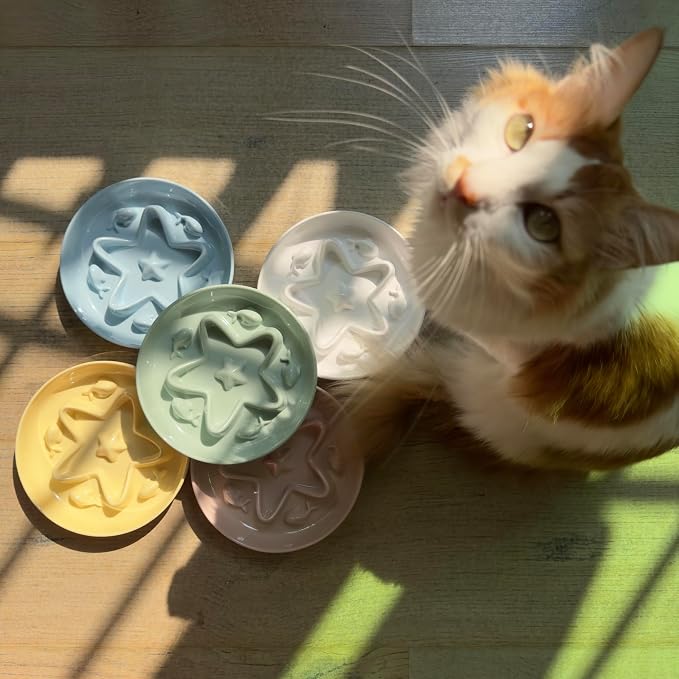 3 Pcs Cat Slow Feeder Bowl – Whisker Friendly Melamine Puzzle Feeding Cat Bowl for Slow Eating – Wet & Dry Food – Dishwasher Safe, Lightweight, Non-Slip (Blue + Buttercream + Green, 6.3'')