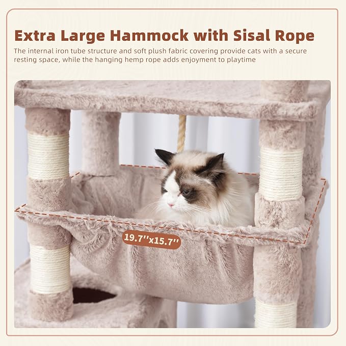 Gitelsnour Cat Tree, 63'' Cat Tower for Large Cats, Big Hammock GCT020MU | Cat Condo, Cat Scratching Posts for Indoor Adult Cats, 4 Platforms（ 2 Big 2 Small）, 2 Baskets, Sisal Rope, 4 Toys, Mushroom