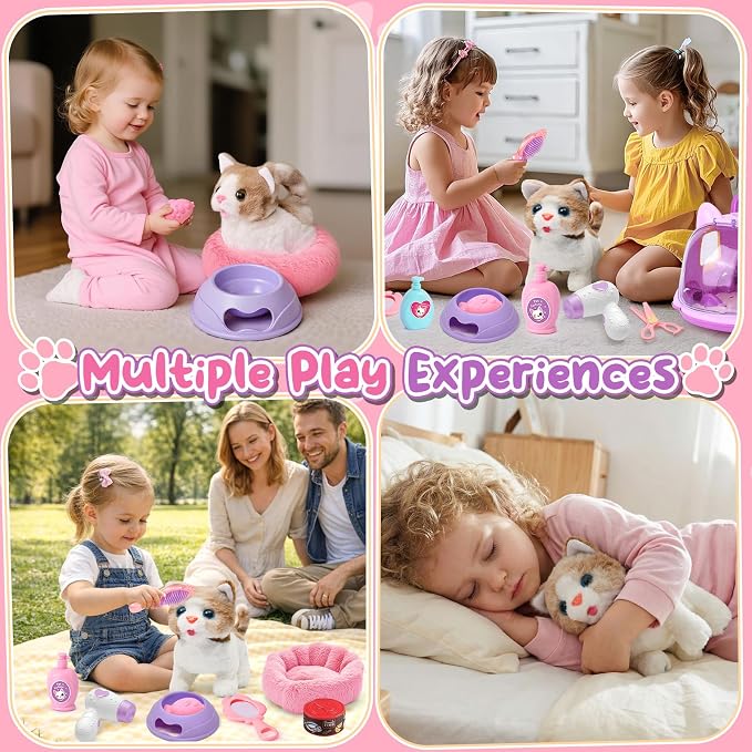 TUZT 17 PCS Cat Toys for Kids Girls, Realistic Walking Meowing Robot Cat Plush with Accessories, Pretend Play Pet Care Playset Toddler Girl Toy for 3 4 5 6 7 8, Birthday Gift for little Girl 3-8 Years