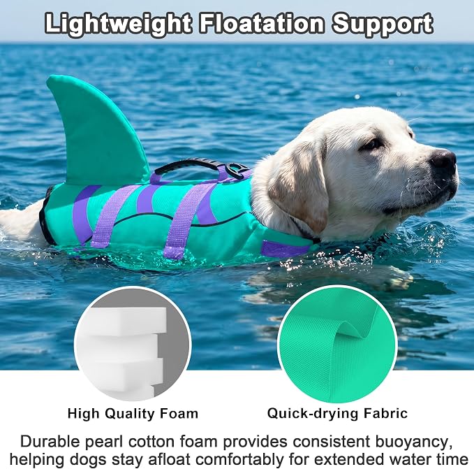 Fragralley Shark Dog Life Jacket, Easy to Put on Dog Life Vest for Swimming and Boating, Vibrant & Adjustable Dog Life Preservers for Small Medium Large Dogs, Suit to Swim, Fish, Beach, Surfing