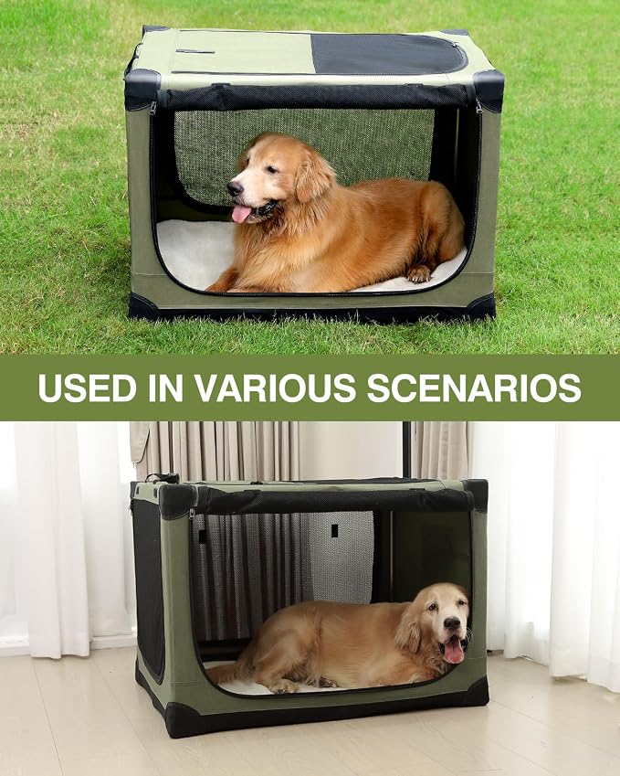 42 x 31 x 31 Inch Collapsible Soft Dog Crate for Dogs Up to 90 lbs, Portable Travel Pet Kennel with 4 Zip Doors, Foldable Indoor Outdoor Crate with Mat, Carry Bag, Green