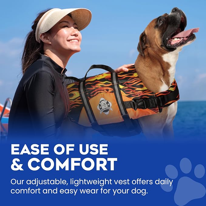 Dog Life Jacket — Premium Swim Vest with SafeChin Anti-Choke Collar | PAWS Aboard Racing Flames | RapidLift Rescue Handle, D-Ring, Reflective Trim | Boating, Kayaking, Pool | Large (50–80 lbs)