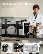 Pecute Cat Carrier, Soft Double Pet Crate for 2 Cats Travel, Gray | Anti-Collapse Steel Frame, Convertible Dual Space, Foldable, Polyester Breathable mesh, Up to 26 lbs, Car Travel & Vet Visits