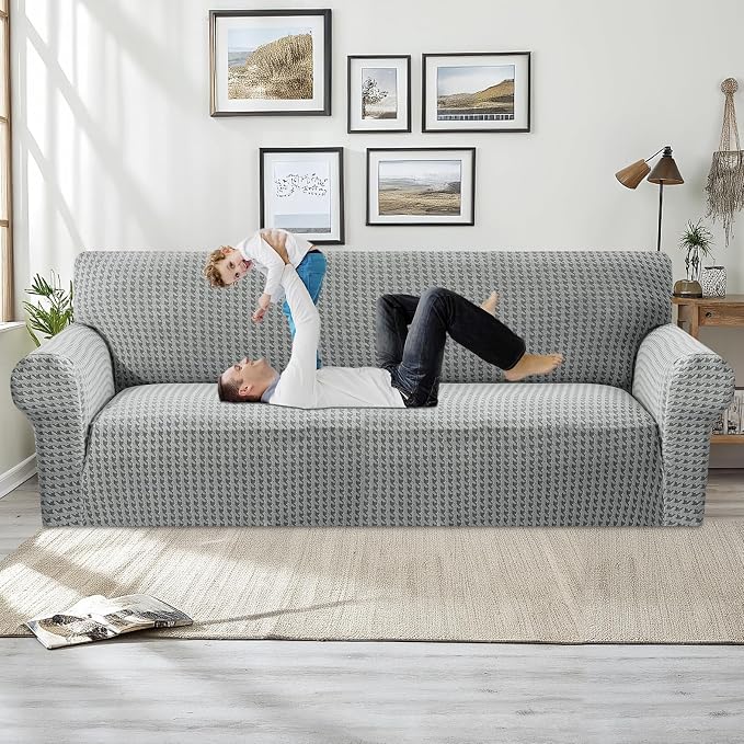 MAXIJIN Stretch Extra Large Couch Cover Sofa Covers (91"-110" Oversized Sofa Slipcovers with Non-Slip Foam & Elastic Strap, Dog Cat Pet Friendly Furniture Protector (X-Large, Light Gray)