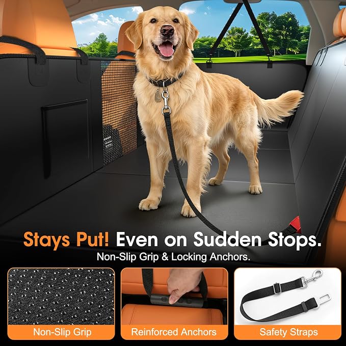 Hard Bottom Dog Car Seat Cover, 52"×65", Waterproof PU Leather | Stable Hard Bottom Support for Comfortable Rides with Large Dogs