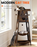 56in Modern Wood Cat Tree Tower for Indoor Cats with Hammock | Multi-Level Climbing Design, 2 Spacious Hammocks, Perch, Cat Condo, Scratching Board, Ideal for Multi-Cat Homes, Rustic Brown