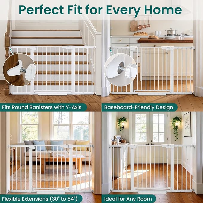 Cumbor 30-54" Extra Wide Baby Gate for Stairs, Auto Close Dog Gate White | Dual Lock Pet Gate Indoor, Easy Install Safety Gate for Doorways, Hallway & Kitchen, Easy Walk Thru Proofing for Babies & Pet
