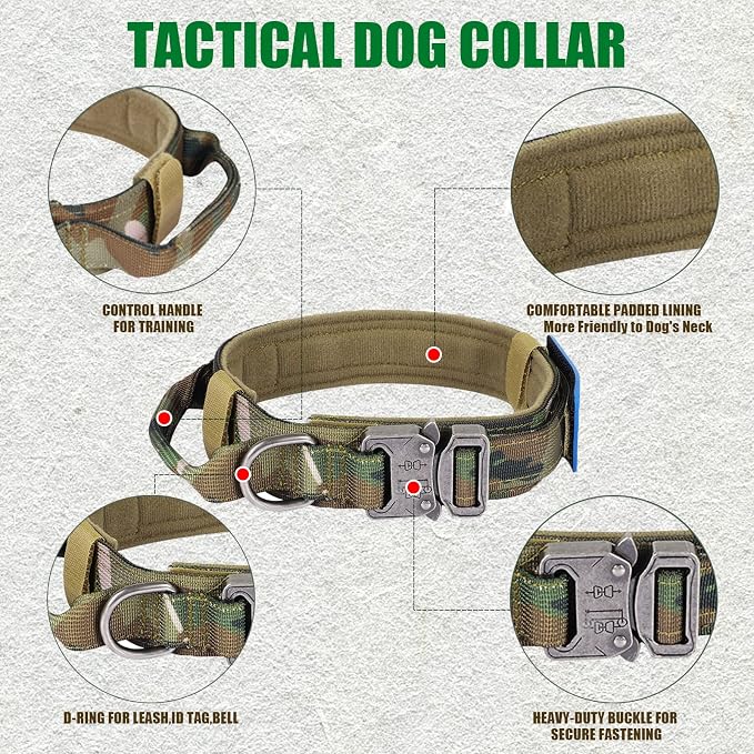 Tactical Nylon Collar - Heavy Duty Metal Buckle with Handle for Dog Training, with Patches (Camo, M)