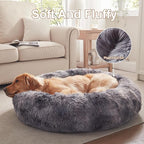 36 in Faux Fur Fluffy Donut Dog Bed for Large Dogs,Tie-dye Grey | Calming Plush Round Pet Bed with Removable & Washable Cover,Fits up to 80 lbs Pets
