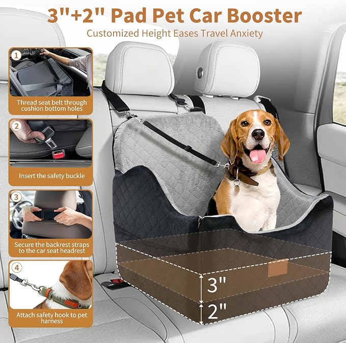 XEEP Dog Car Seat Bed for Small/Medium Dogs Up to 35 lbs, Memory Foam | 2-in-1 Design, Includes Blanket & Urine Pad, 2 Height-Adjust Cushions, Two Safety Tethers, Machine Washable Cover(Black/Grey)
