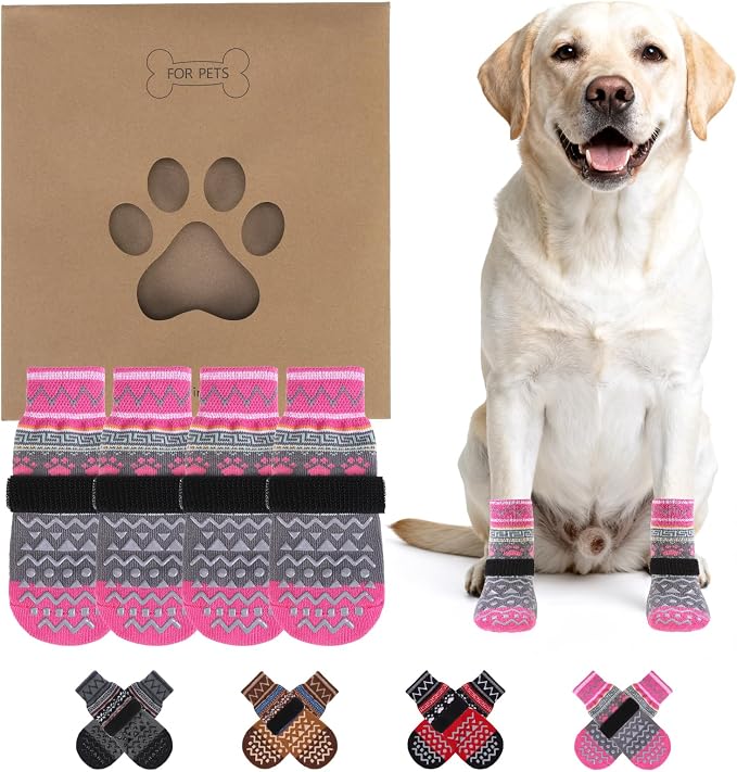KOOLTAIL Dog Socks to Prevent Licking Paws for Hardwood Floors Anti Slip,Warm Winter Pet Boots&Paw Protector with Grippers,Double Sides Puppy Shoes Booties for Small Medium Large Senior Dogs XL
