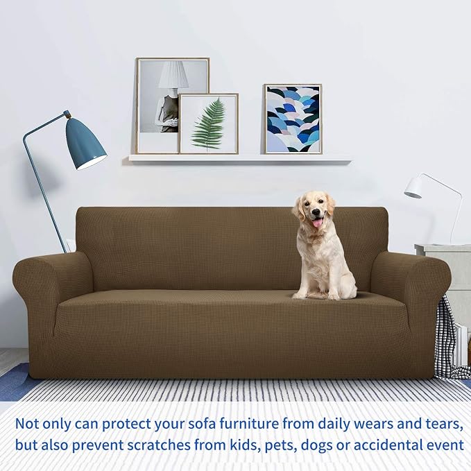 MAXIJIN Super Stretch Couch Cover for 3 Cushion Couch, 1-Piece Universal Sofa Covers Living Room Jacquard Spandex Furniture Protector Dogs Pet Friendly Fitted (Extra Large, Brown)