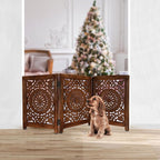 Lightnpro 3‑Panel Wooden Pet Gate – Decorative Carved Foldable Dog Gate, Extra‑Wide Freestanding Indoor Safety Fence for Small Dogs – 24x54 Inch Natural Burnt Finish
