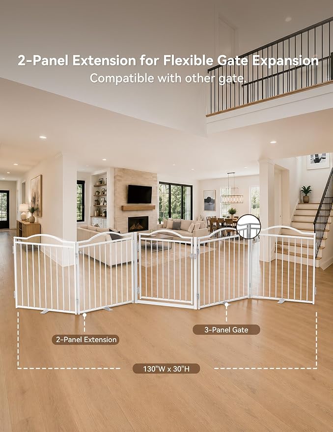 No Pawblems Freestanding Pet Gate for Doorways, 2-Panel Foldable Indoor Metal Pet Fence for Extension, Extra Wide Puppy Gate for Stairs, Deck, Yard, 52" W x 30 H, White