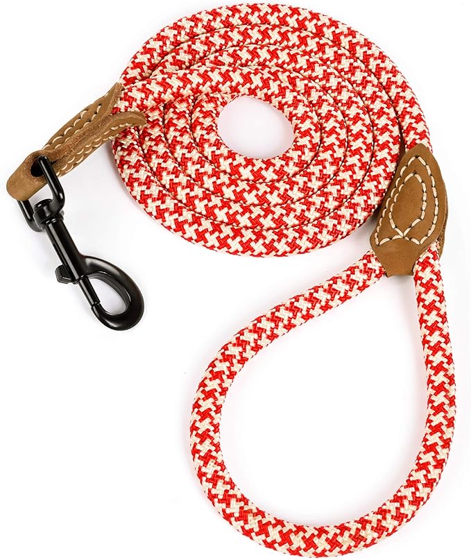 Mile High Life Dog Leash with Genuine Leather Connection, 6 FT/5 FT/4 FT | Rope Leash, Heavy Duty 360° Swivel Metal Clasp, for Small Medium & Large Dogs (Red Khaki, 60 Inch)