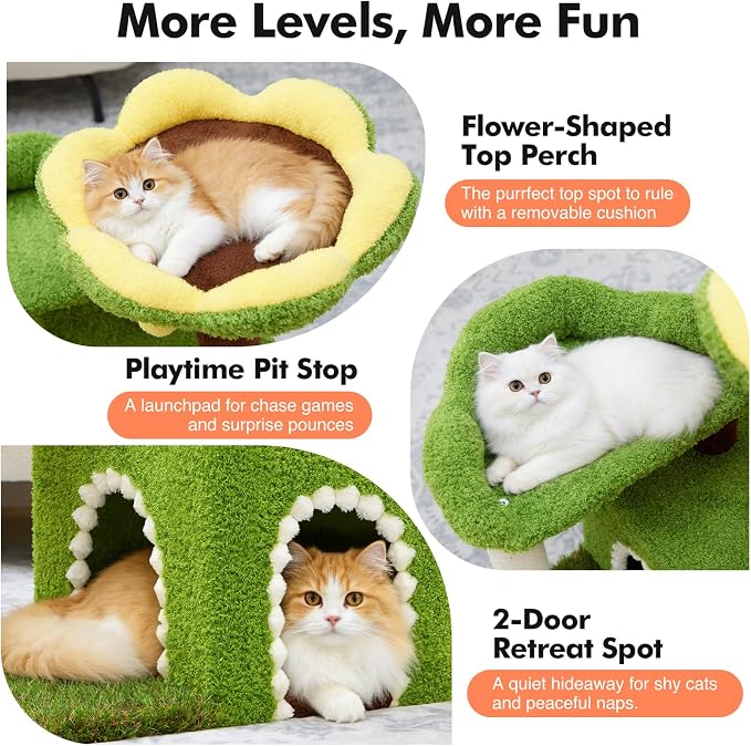 Woochpet Sunflower Short Cat Tree with Cat Scratching Posts Small Cat Tower | Cat Condo,Cat Perch,Cat Bed 3-in-1 Cat Scratcher for Small Cats and Kittens