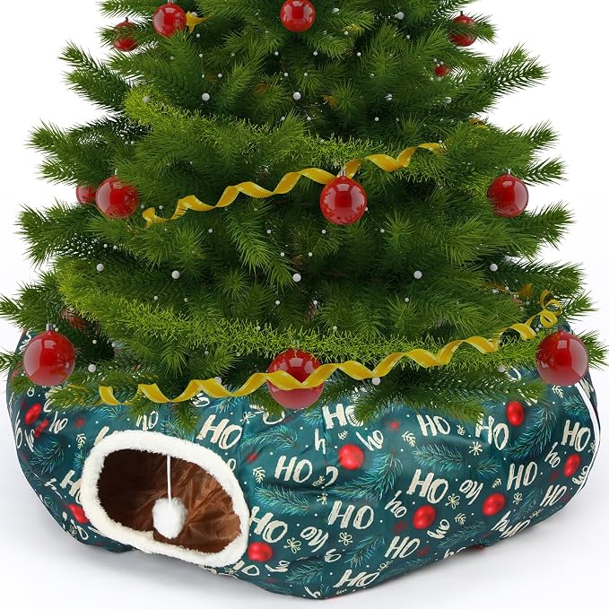 Christmas Cat Tunnel Bed for Indoor Cats Under Christmas Tree Skirt Tube with Hanging Ball Plush Cat Cave, Washable Holiday Pet Gift Toy & Gift for Kittens(Pine Branch)