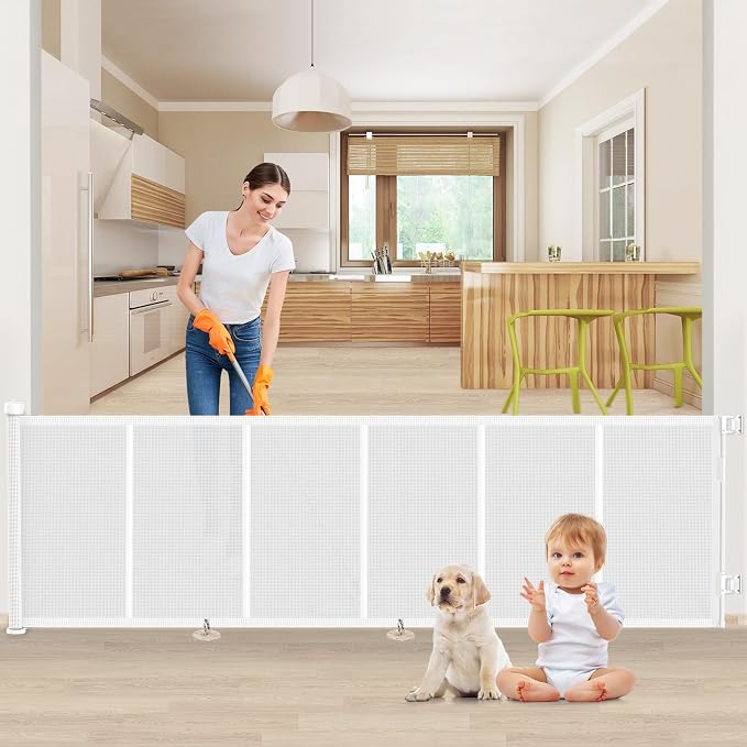 EZIGO 120 Inch Retractable Baby Gates Extra Wide Reinforced Baby Dog Gate | 34 Inch Tall Retractable Dog Gate with Reinforced Strip Mesh Safety Pet Gate for Stairs Hallway Doorway Indoor Outdoor, White