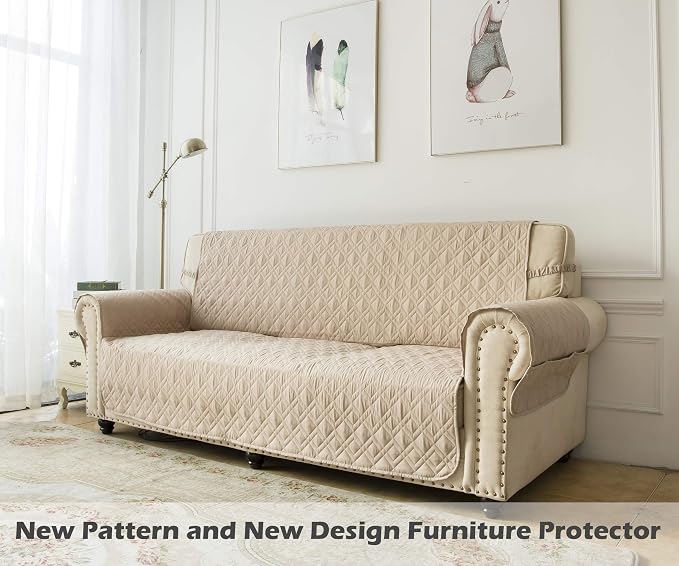 Ameritex Couch Sofa Slipcover 100% Waterproof Nonslip Quilted Furniture Protector for Dogs, Children, Pets, Machine Washable (Beige, 68")