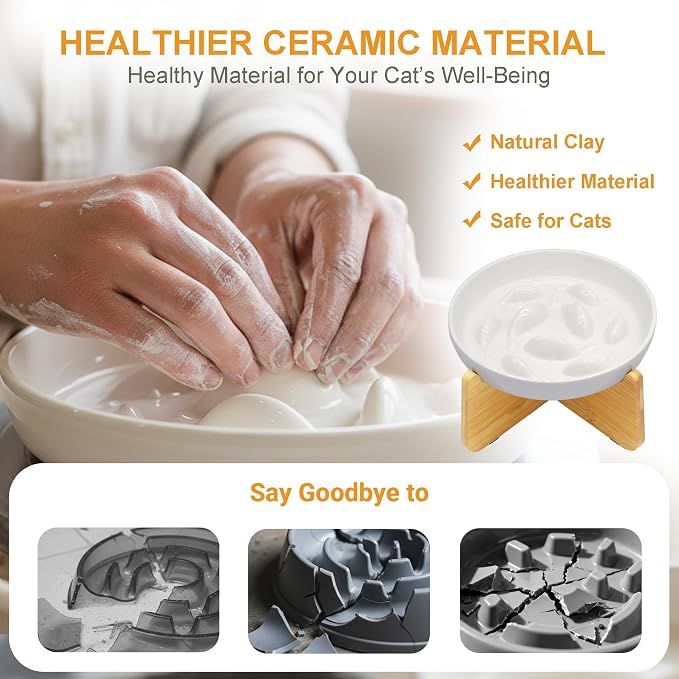 Slow Feeder Bowl for Cats and Small Dogs,Cilkus Fish Pool Design, Fun Interactive Bloat Stop Puzzle Feeder Bowl Healthy Eating Diet Made of Melamine Food Grade Material (White Ceramic-Bamboo Stand)