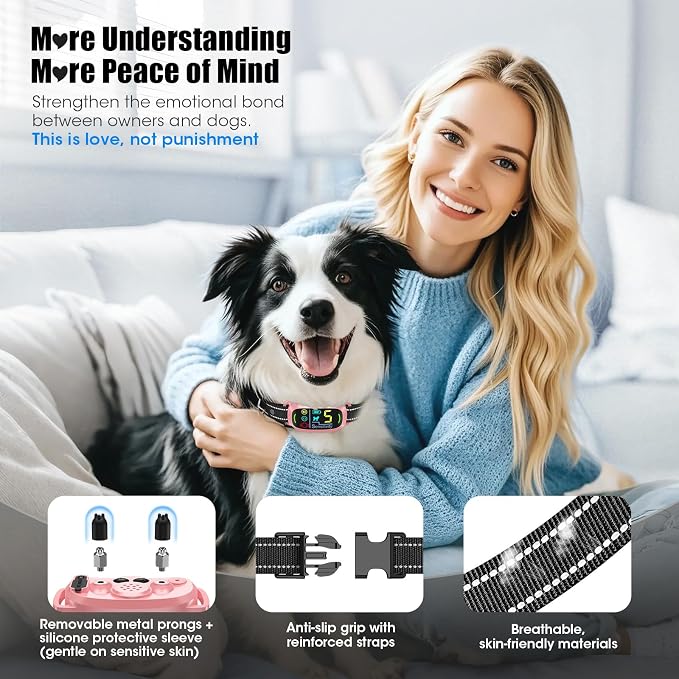 Smart AI Bark Collar for Large Medium Small Dogs, Anti Barking Device with 5 Training Modes, Exclusive Forced Bark-Stopping, Rechargeable IP67 Waterproof Bark Collar with 5 Sensitivity (Pink)