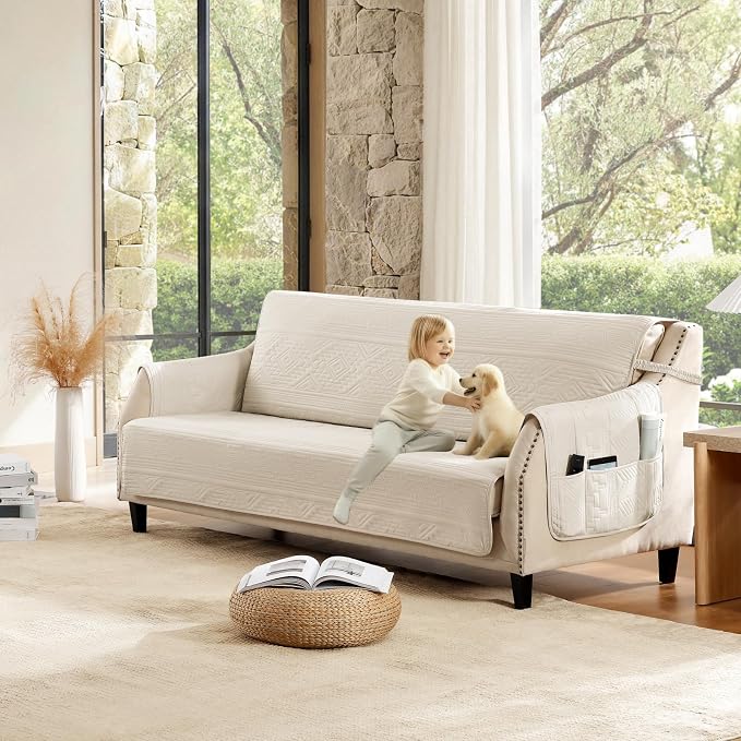 Soft Boho Quilted Couch Cover with Pockets for Extra-Large Sofa, Anti-Slip Boho Sofa Covers Washable for 3 Cushion Pet Friendly, Oversized Sofa Cover Water-Repellent (X-Large Sofa 78", Beige)
