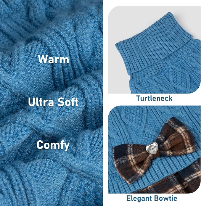 KYEESE Dog Sweater Dress Turtleneck Thick Knit Pullover for Cold Weather | Stretchy Fit, Lightweight & Warm, Cozy Knit Comfort, Cute Bow Accent, Gentle on Sensitive Skin, Comfortable Daily Wear