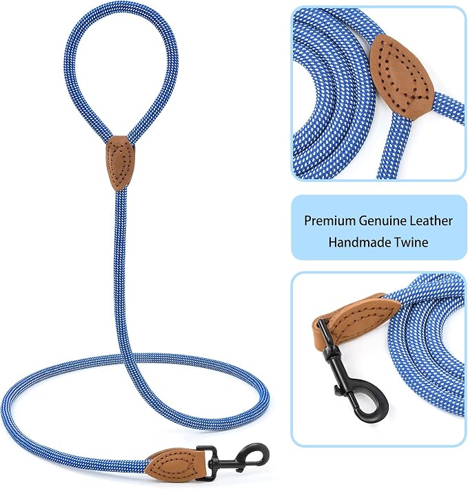 Mile High Life Dog Leash with Genuine Leather Connection, 6 FT/5 FT/4 FT | Rope Leash, Heavy Duty 360° Swivel Metal Clasp, for Small Medium & Large Dogs (Blue White, 60 Inch)