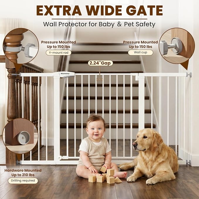 Mumeasy Extra Wide Baby Gate for Doorways, 36-63" Walk Thru Dog Gate with Auto Close Dual Swing for Stairs & Hallways, Easy Install Pressure Mounted Child Safety Gate for Toddlers & Pets Indoor, White