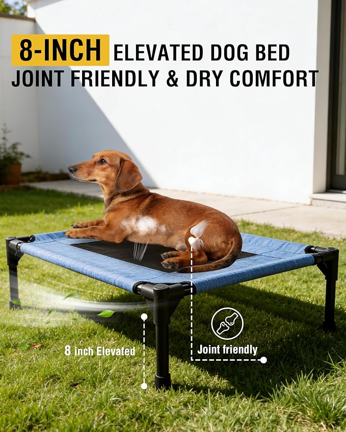 Elevated Dog Bed with Heavy-Duty Steel Frame, Breathable Mesh Cooling Surface, Easy to Clean, Portable Raised Dog Cot for Indoor & Outdoor Use,32x24x8 Inches Blue Dog Bed,Size S.