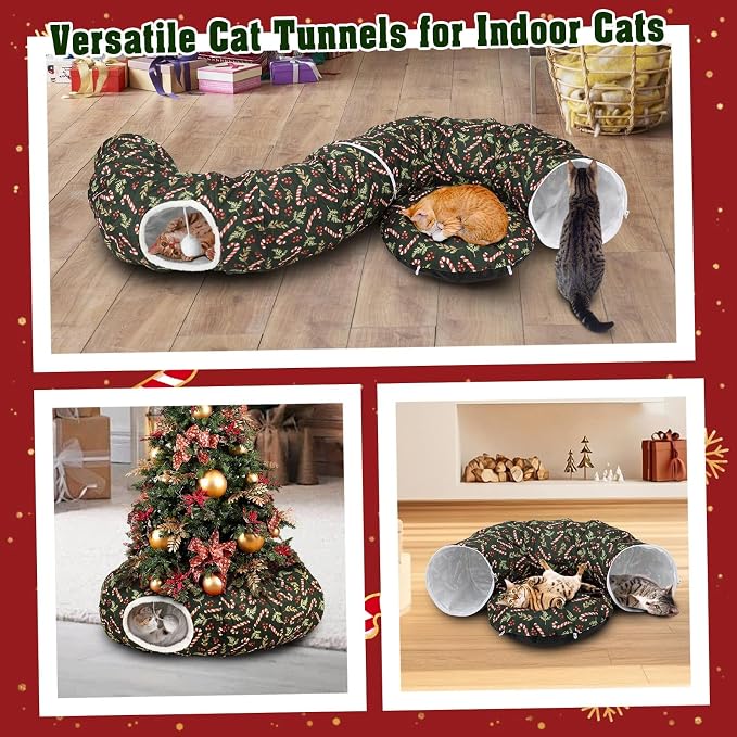Cat Tunnel Bed Under Christmas Tree, 3x3ft Donut for Cats | Collapsible Polyester Fabric, 9.8in Tube Diameter, Holiday Green & Candy Cane Design for Kittens, Small Animals