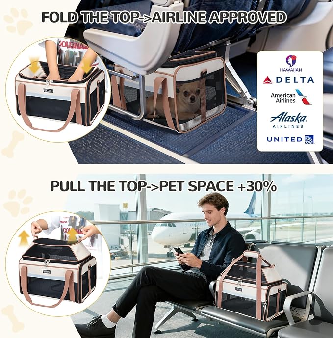 Lekereise Top-Expandable Pet Carrier 17x11x9.5 Inch Alaska Hawaiian Airline Approved Soft Sided Underseat to 12lbs Travel Carriers for Small Dogs and Cats with Locking Safety Zippers Anti-Scratch Mesh
