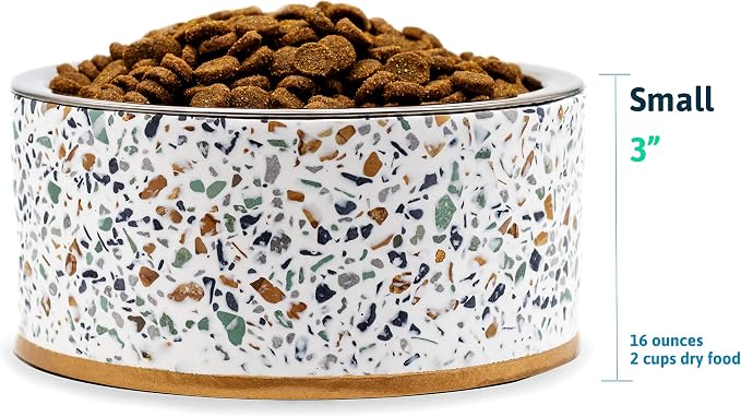 Terrazzo Single Elevated Pet Bowl Stand, Small, White | Removable Stainless Steel 16oz Inner Bowl, For Small Dog Breed or Cat, Raised Food or Water Station