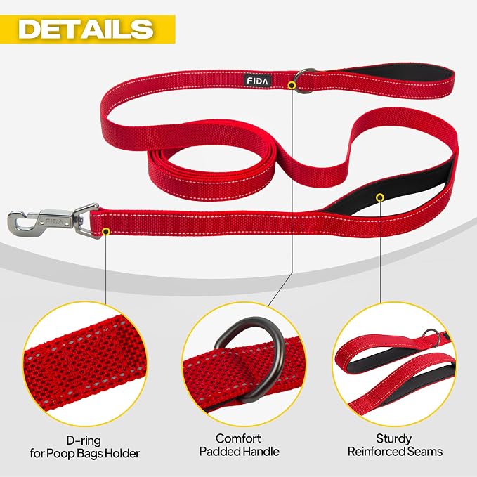 Fida 10ft Heavy Duty Dog Leash with 2 Comfortable Padded Handles, Traffic Handle & Advanced Easy Snap Hook, Reflective Walking Lead for Large, Medium & Small Breed Dogs, Red