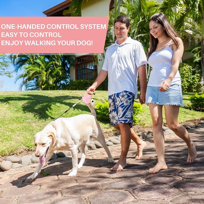 Upgraded 16 Ft Retractable Dog Leash with Chew Proof Cable - Pink | Heavy Duty Dog Leash with Poop Bag Dispenser for Small Medium Large Dogs up to 120lbs, 360° No Tangle, One-Handed Brake